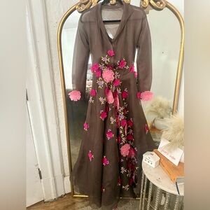 Vintage 70s Stavropoulos Sheer Floral Appliqué Maxi Dress Boho Romantic